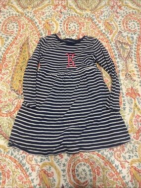E Monogram DressGirls Navy and White Stripe Long-Sleeve Dress with Pink Monogram